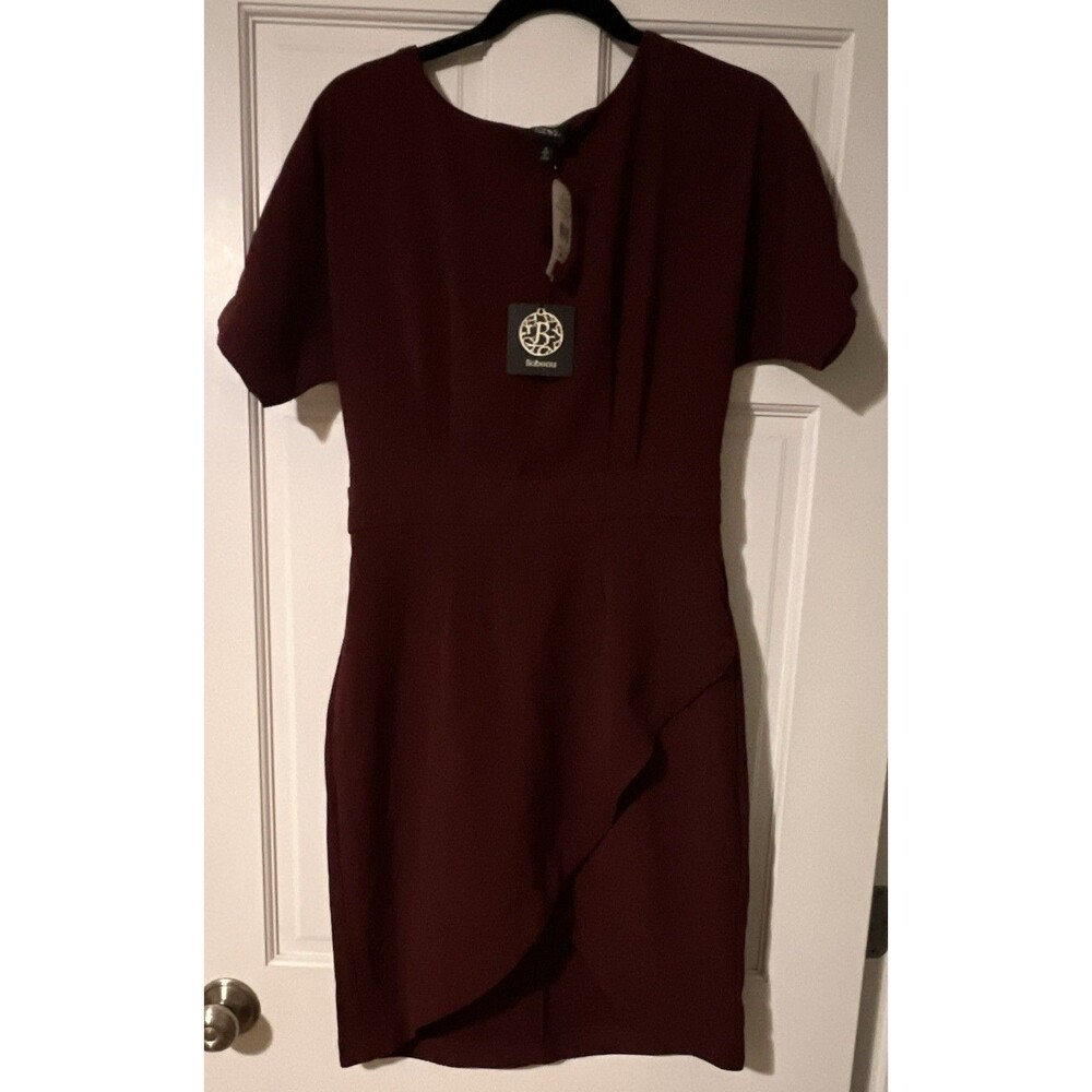 Bobeau Women’s Size M Burgundy Solid Sheath Boat Neck Knee Dress Ruffle Zip